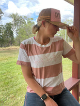 Load image into Gallery viewer, Ladies Pink/White Stripe Tee
